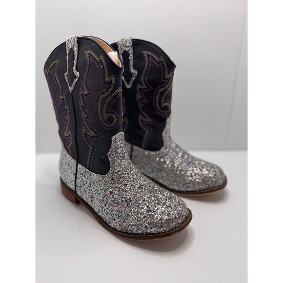 MOTASHA Girl’s Glitter Cowboy Boots Western Embroidered Silver Size 4 US (Bx X) - Picture 2 of 8